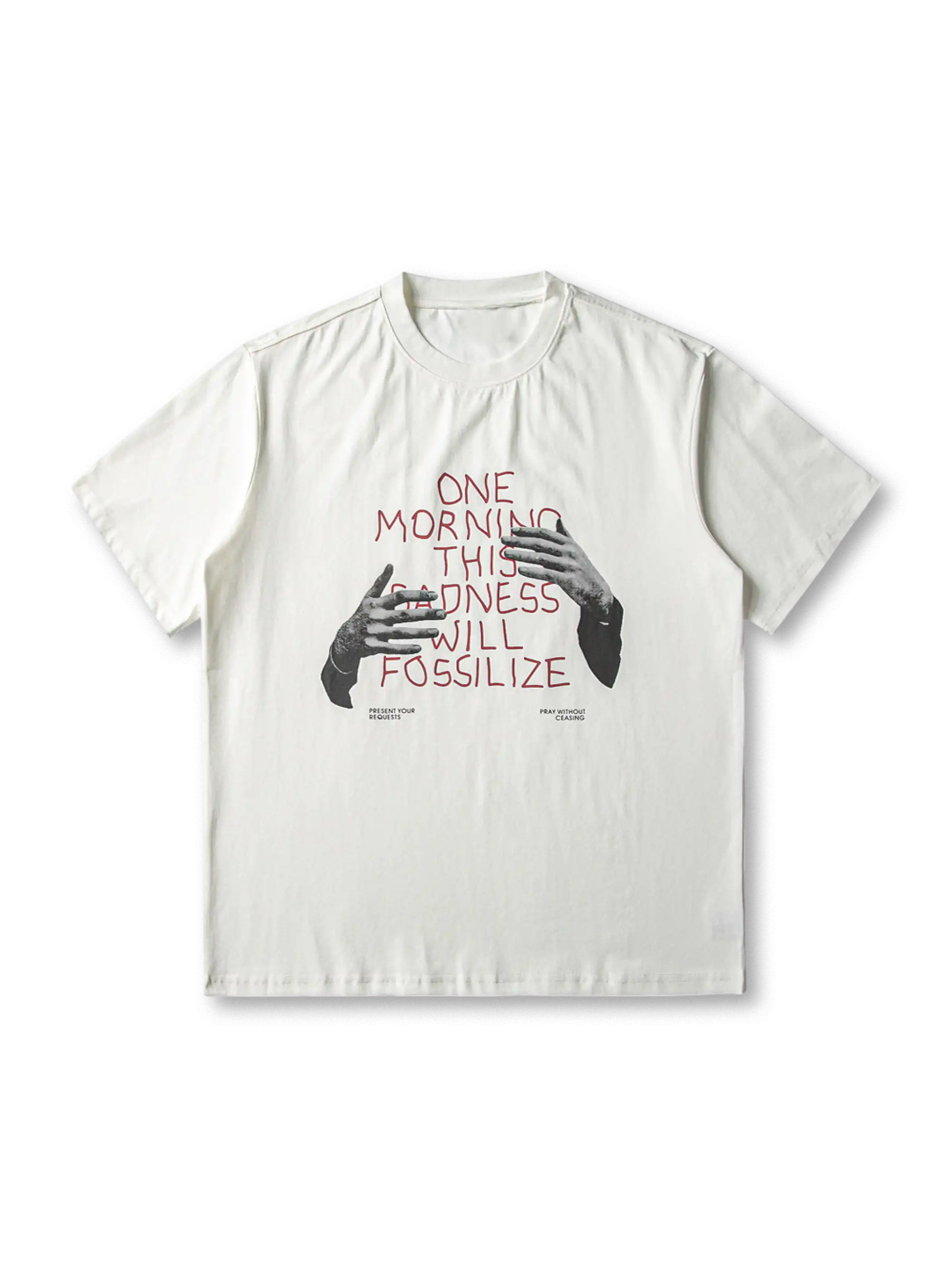 手のモチーフと哲学的メッセージが特徴の240gコットン混プリントTシャツ