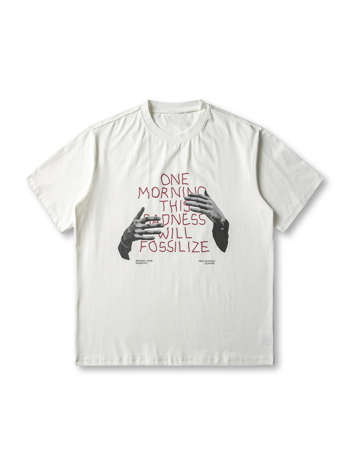 手のモチーフと哲学的メッセージが特徴の240gコットン混プリントTシャツ