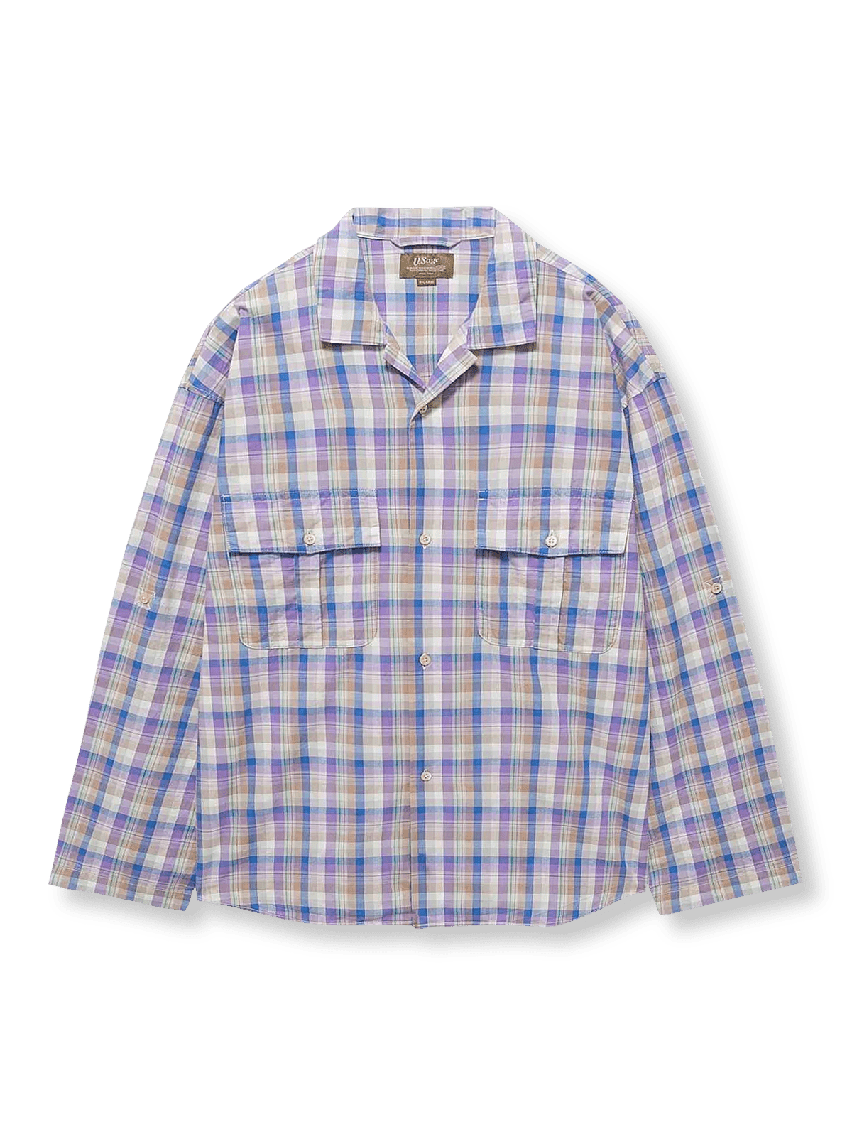 製品画像: MADRAS (マドラス) チェック柄シャツの正面全体画像。シャツの全体的なシルエットとデザインが一目でわかる。
詳細画像: キューバンカラーと胸前のフラップポケットのディテール。チェック柄の鮮明さとシャツの質感を強調。