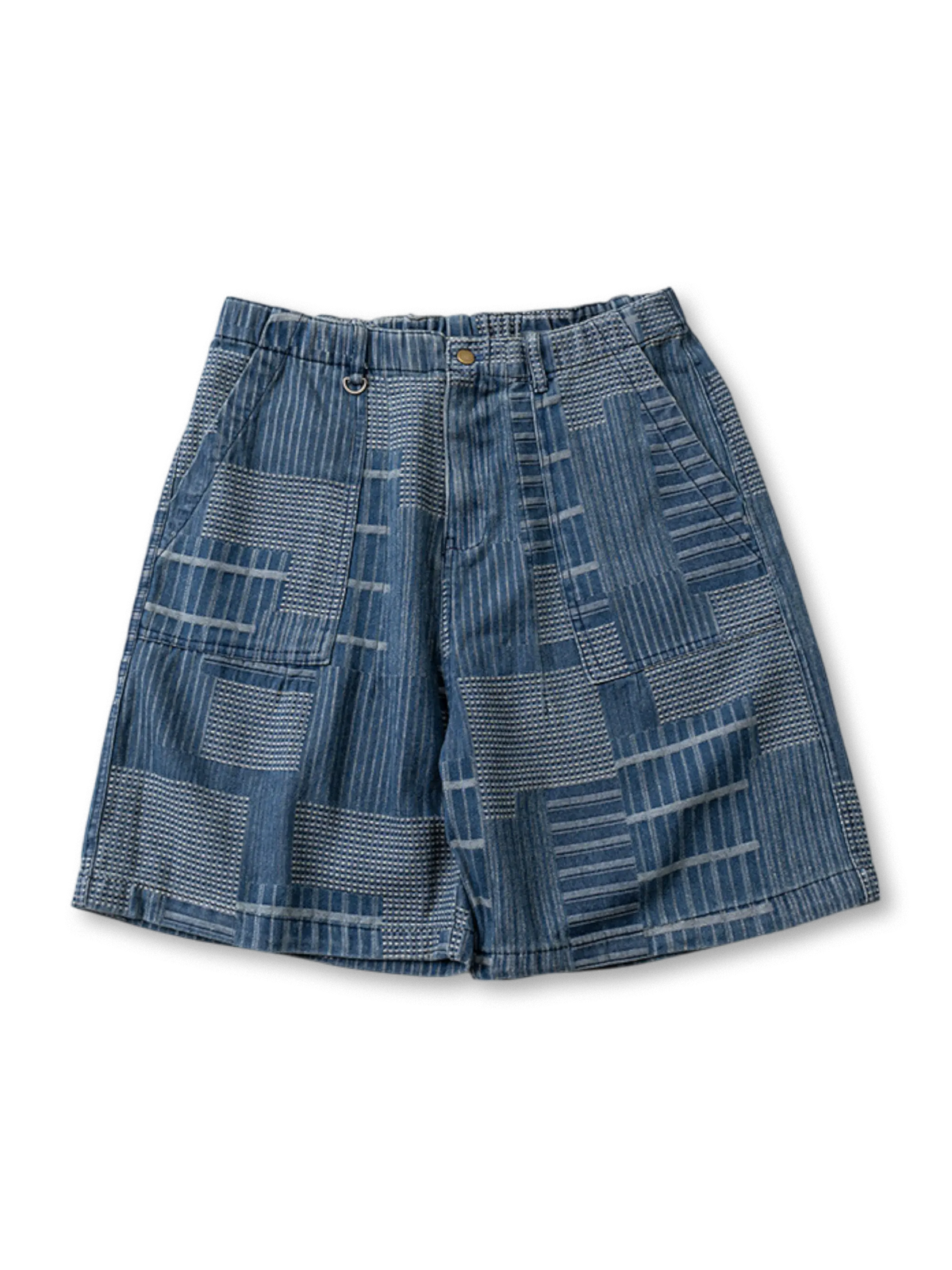 マドラスチェックのパッチワークとウォッシュ加工が特徴のヴィンテージ風デニムショーツ