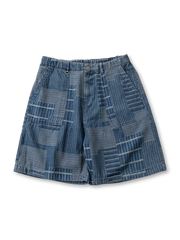 マドラスチェックのパッチワークとウォッシュ加工が特徴のヴィンテージ風デニムショーツ