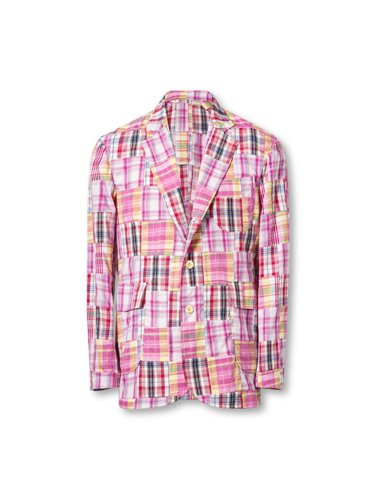 マドラスチェックのパッチワークと無構造シルエットが特徴の軽量コットンブレザー