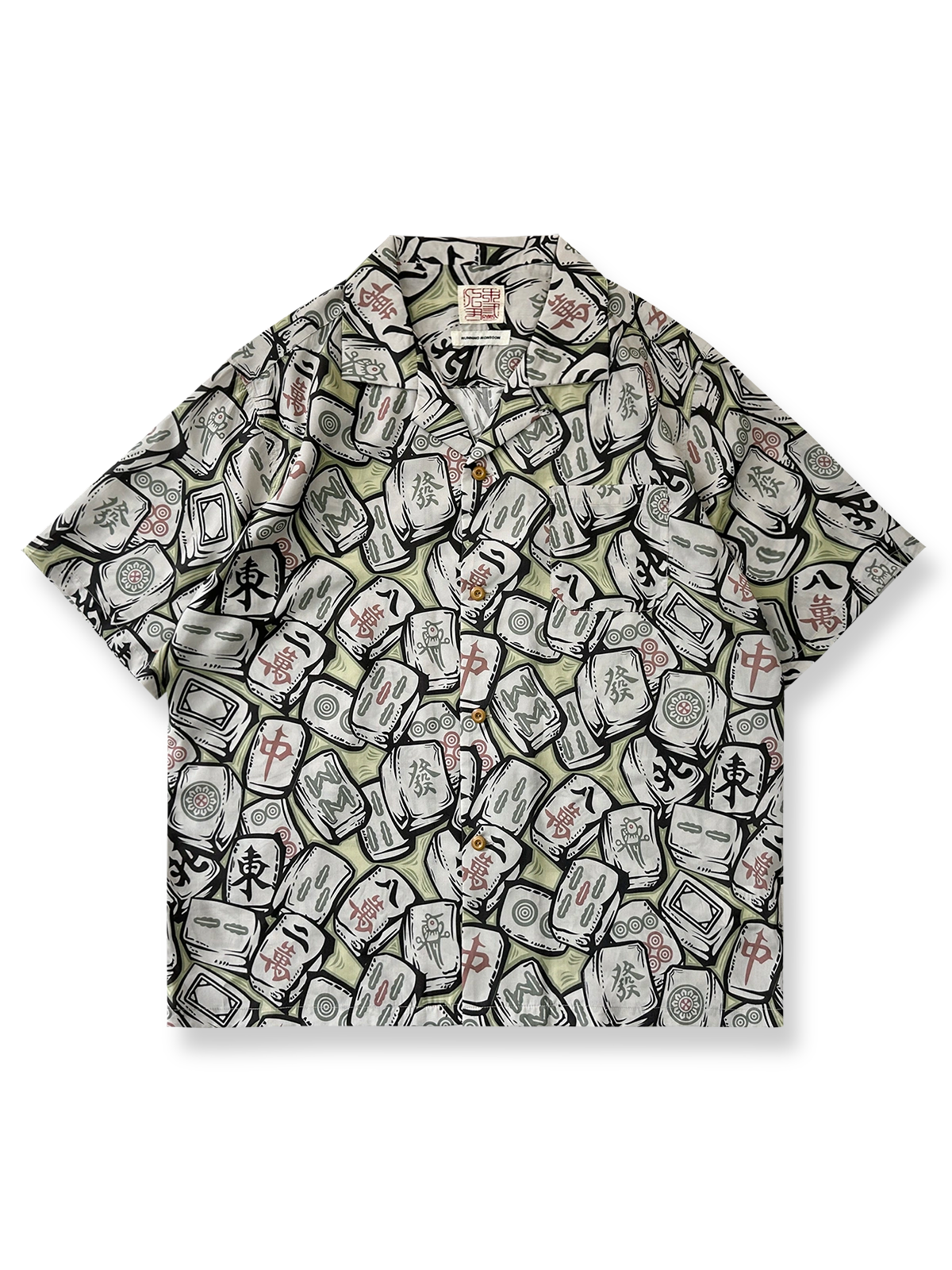  麻雀柄プリントアロハシャツ。