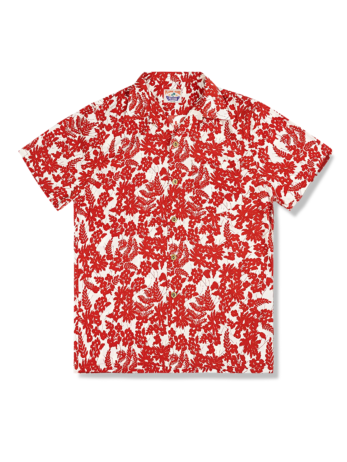 紅葉柄キューバカラーアロハシャツ、琥珀色ボタン、ルーズフィット、光沢ポリエステル素材