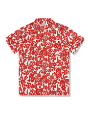 紅葉柄キューバカラーアロハシャツ、琥珀色ボタン、ルーズフィット、光沢ポリエステル素材