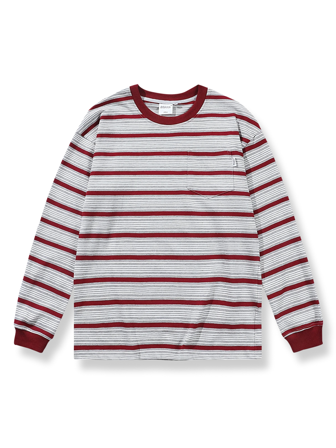 ボルドーとホワイトのマリンストライプ長袖ラウンドネックコットンTシャツ