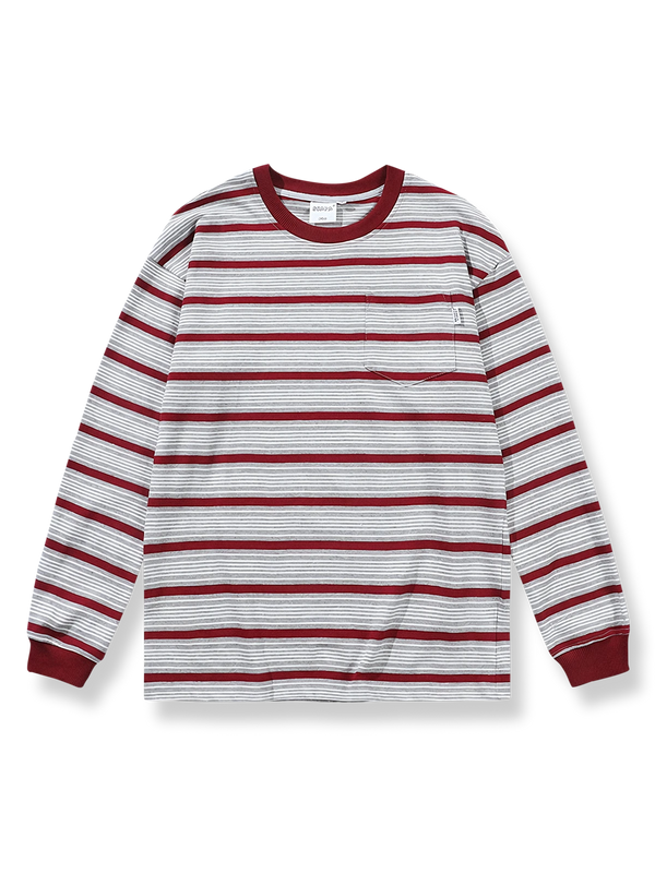 ボルドーとホワイトのマリンストライプ長袖ラウンドネックコットンTシャツ