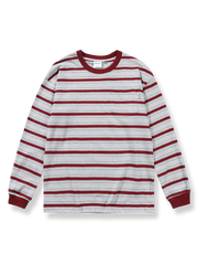 ボルドーとホワイトのマリンストライプ長袖ラウンドネックコットンTシャツ