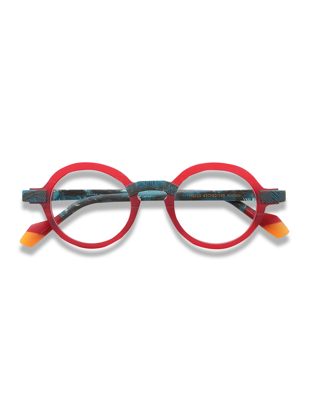 マットレッドフレームとカラフルテンプルのブルーライトカットメガネ