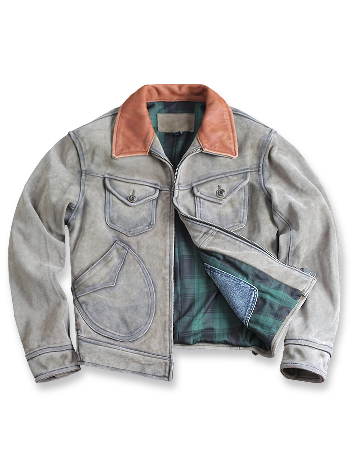 コントラストカラーとチェック裏地が特徴のヴィンテージ加工レザージャケット。