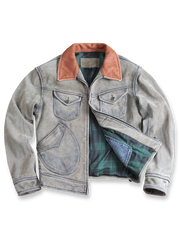 コントラストカラーとチェック裏地が特徴のヴィンテージ加工レザージャケット。