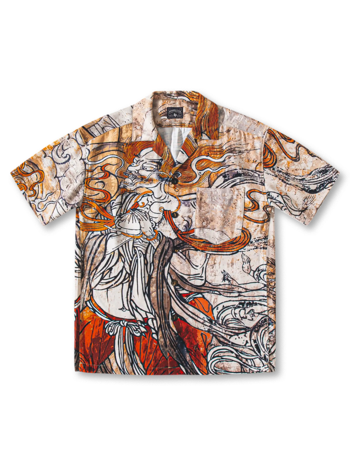 面燃大士の炎紋様プリントと天然牛角ボタンが特徴のアロハシャツ