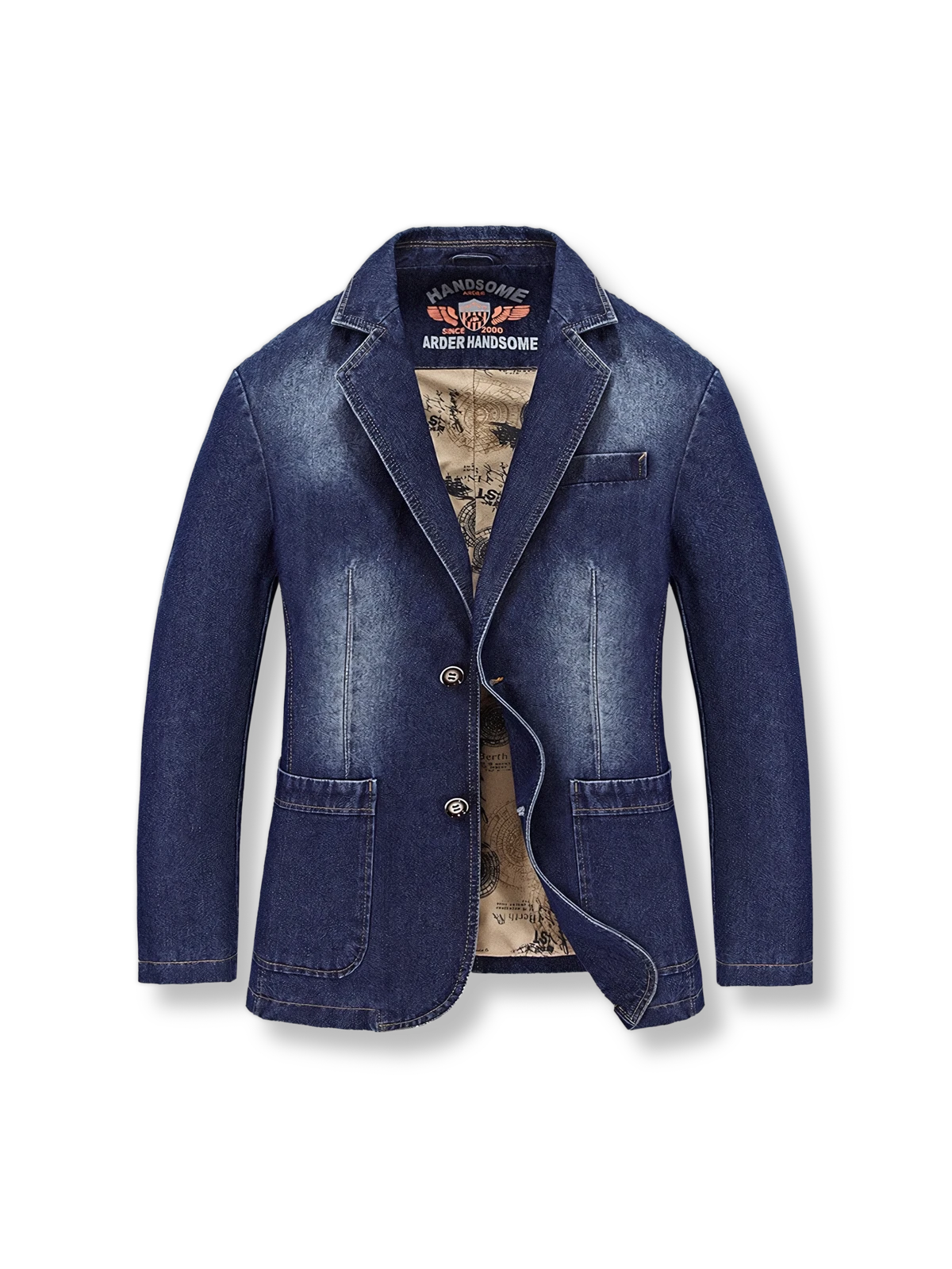 クラシックなスーツのテーラリングを施したブルーデニム製メンズジャケット。