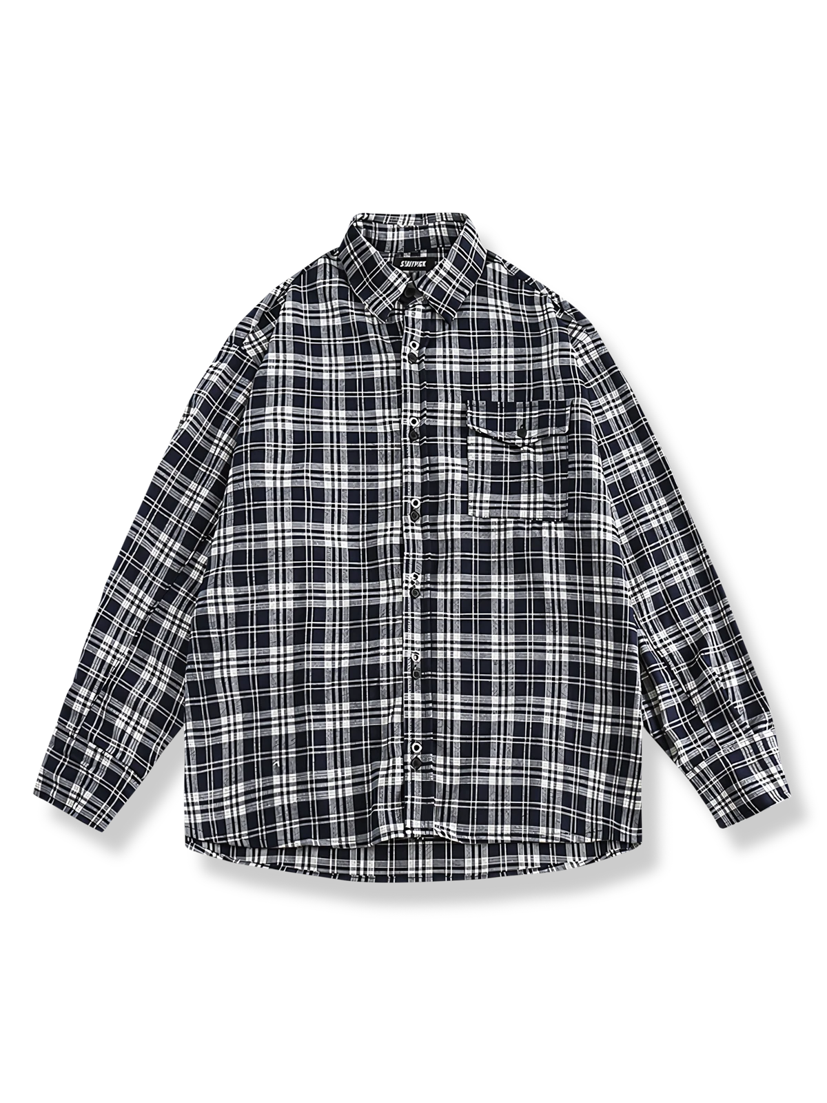 ネイビー地に白黒のタータンチェックを配したスタンダードフィットコットンシャツ。