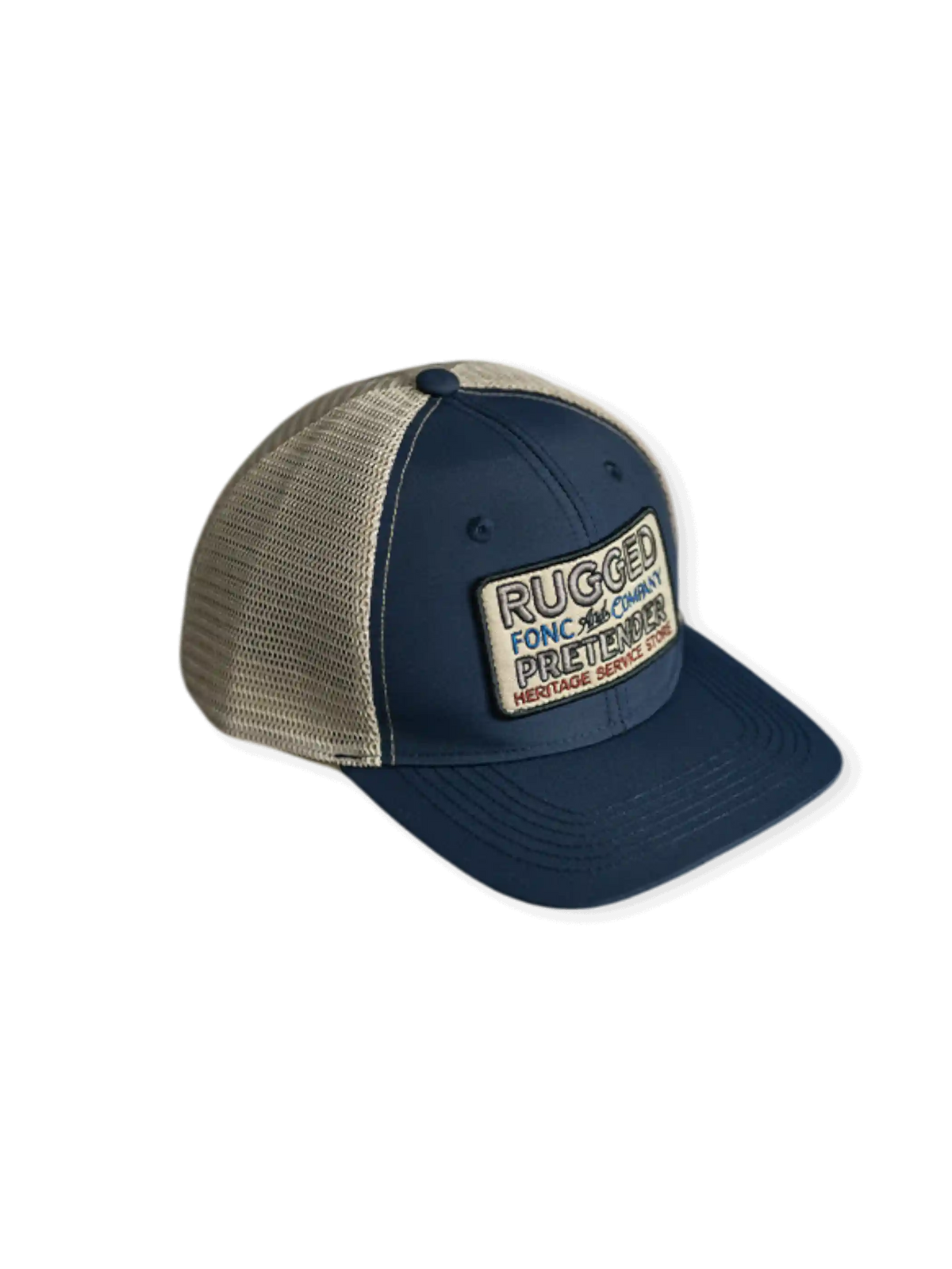 230g高密横文生地と米色メッシュ使用、通気性良いネイビートラッカーハット。スポンジ汗パッドと調節ストラップ付き。