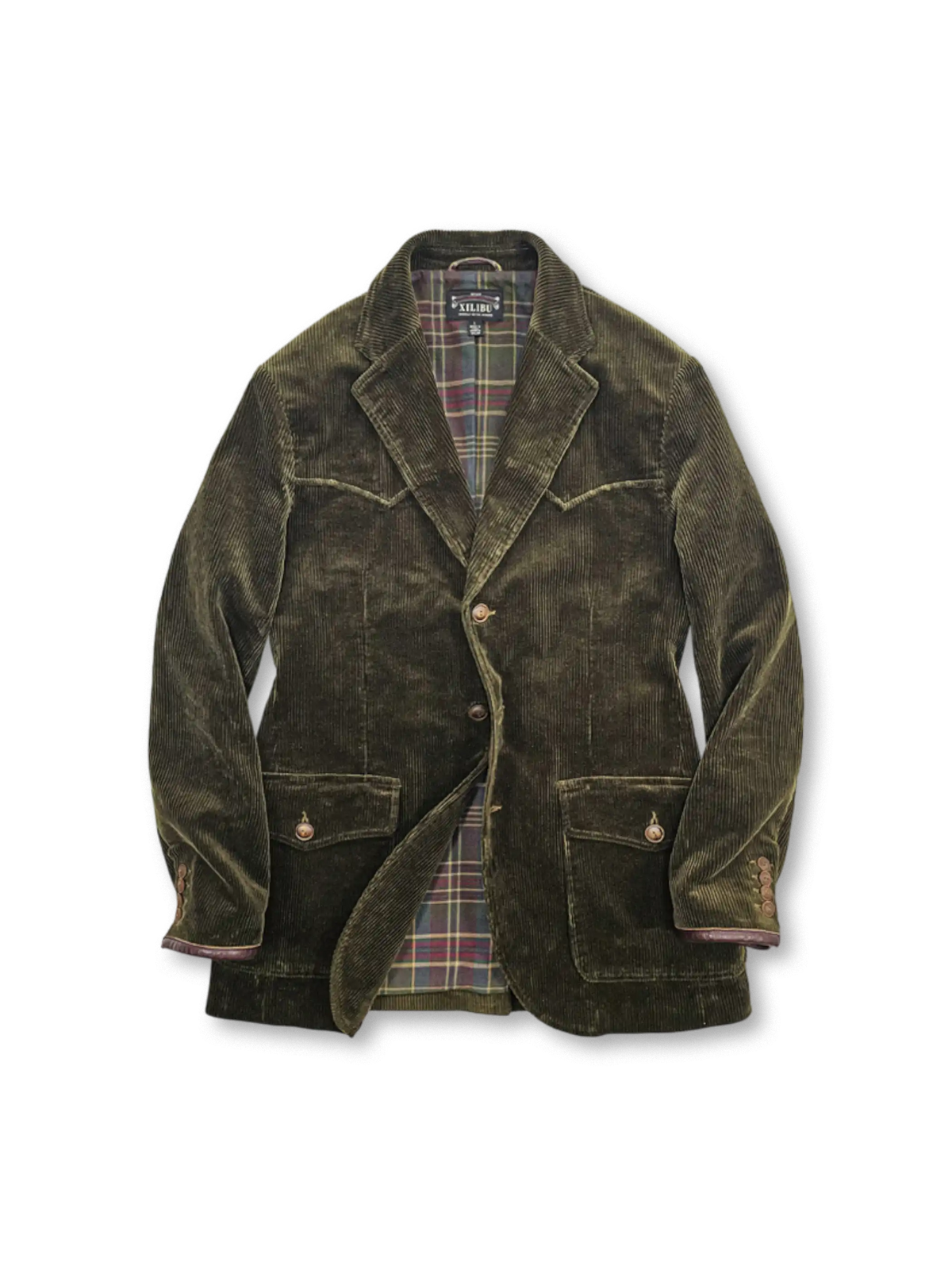 硫化染めカラーとスコットランドチェック裏地、牛角ボタンが特徴の中長丈コーデュロイハンティングジャケット。