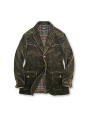 硫化染めカラーとスコットランドチェック裏地、牛角ボタンが特徴の中長丈コーデュロイハンティングジャケット。