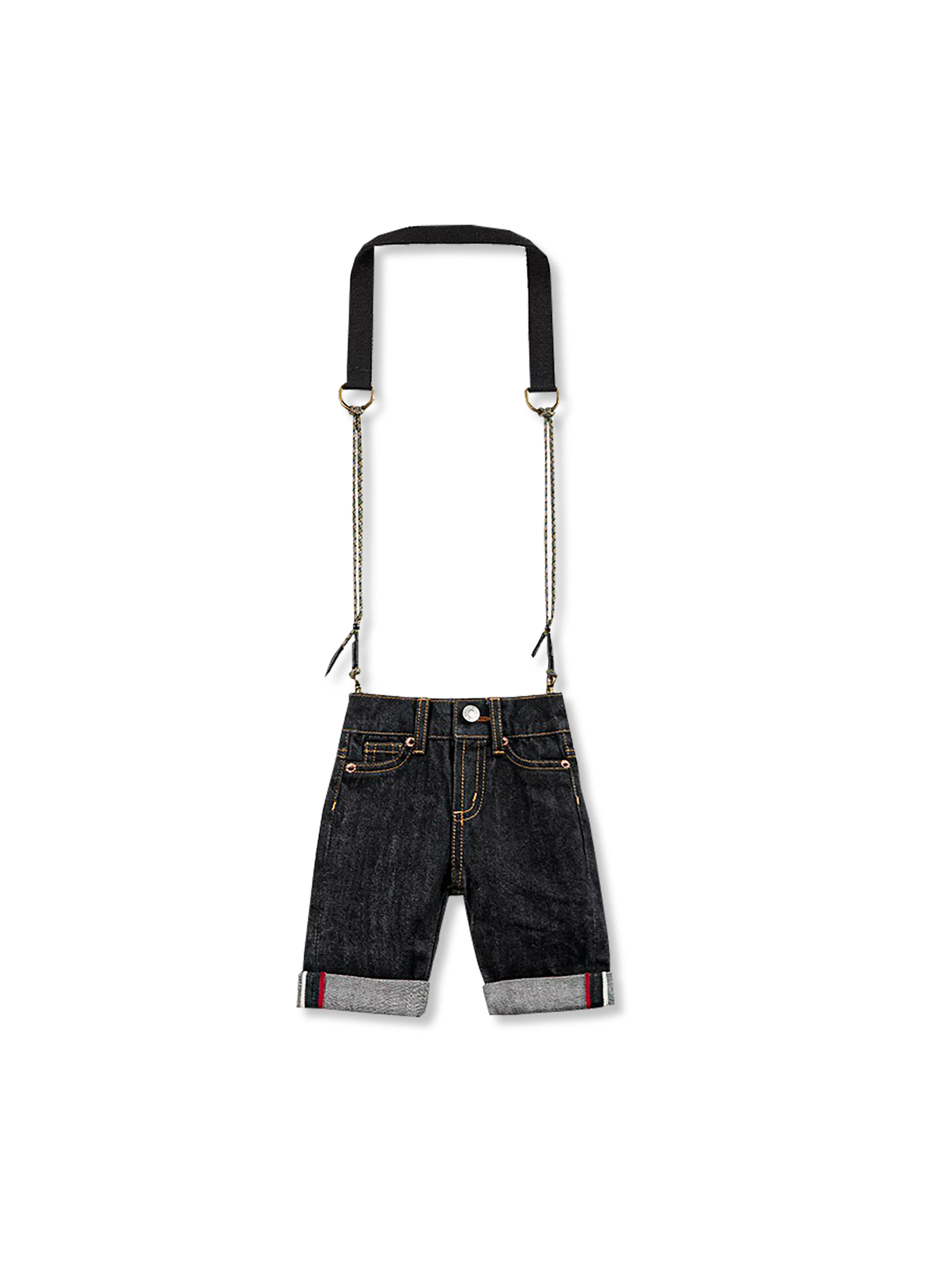 5ポケットデニムパンツをモチーフにしたセルビッジデニム素材のミニショルダーバッグ。ダブルステッチ加工で耐久性を強化し、長さ調整可能なストラップ付きの2WAY仕様。スマートフォンやカードケースを収納可能なコンパクトなデザイン。