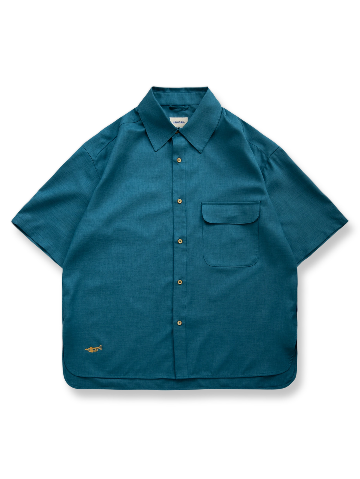 リー・モーガンにインスパイアされたジャズトランペットのミニ刺繍が施されたポリエステル半袖シャツ