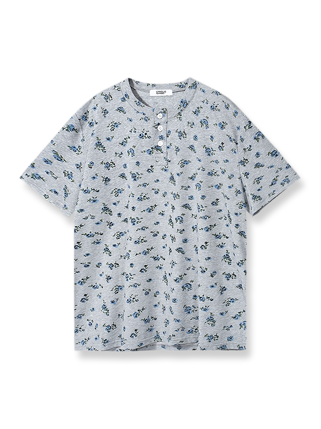 小花柄プリントとヘンリーネックが特徴の半袖Tシャツ