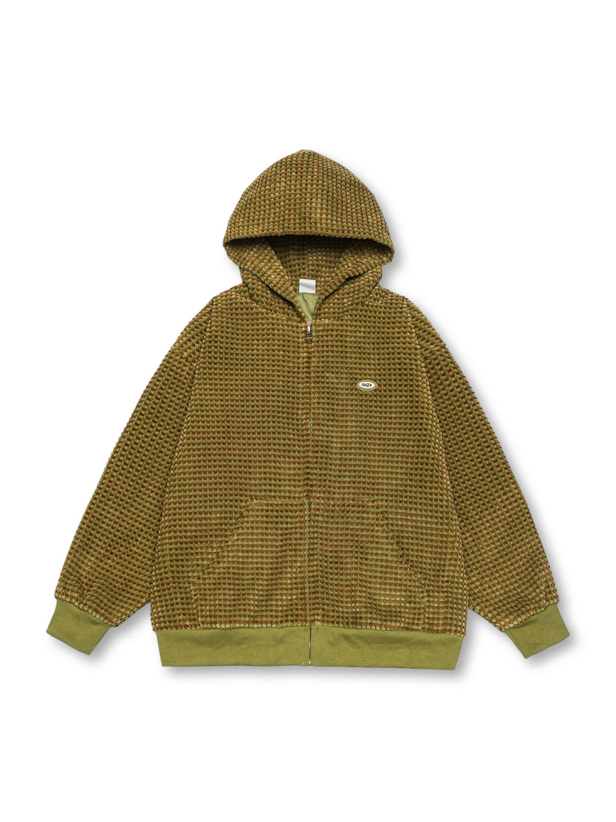 スウェード素材とフード付きジッパーを採用し、保温性と快適さを実現したアメリカンストリート風ミニグリッドフーディジャケット。若々しい刺繍とリブ仕様が特徴。