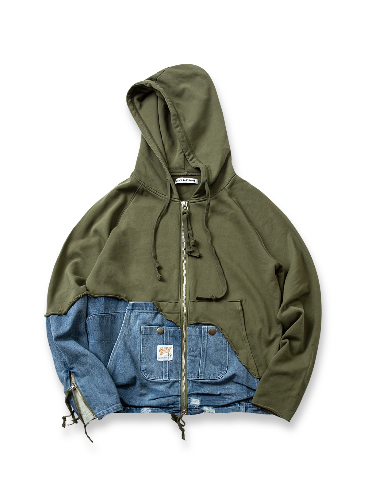 異素材パッチワークとデニムを組み合わせたフーディージャケット。