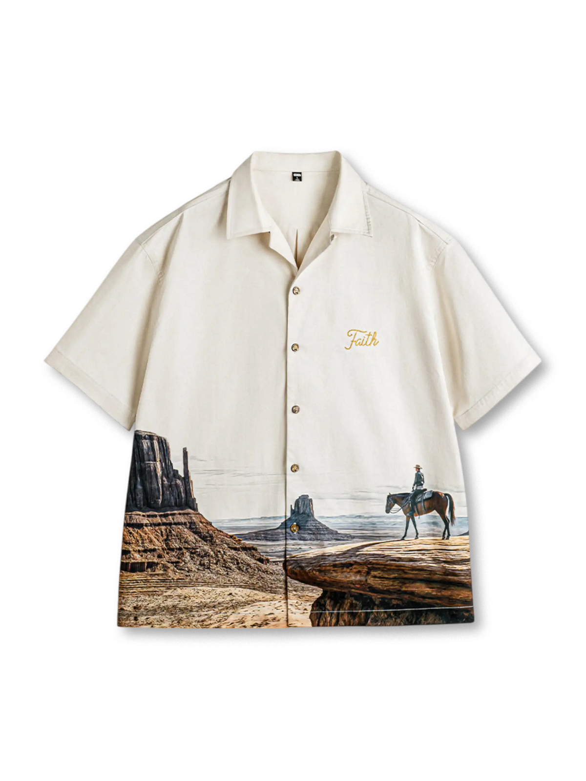 モニュメントバレー大判プリントとFaith刺繍が特徴の軽量ポリエステルキューバシャツ。椰子ボタン付きでヴィンテージ感。