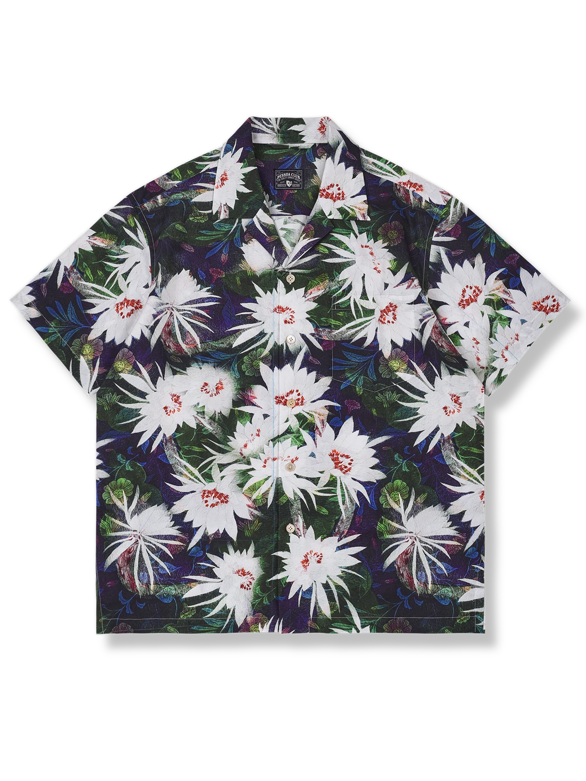 月下美人柄コットンキューバシャツ、静謐なプリント、ルーズフィット、通気性コットン素材