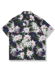 月下美人柄コットンキューバシャツ、静謐なプリント、ルーズフィット、通気性コットン素材