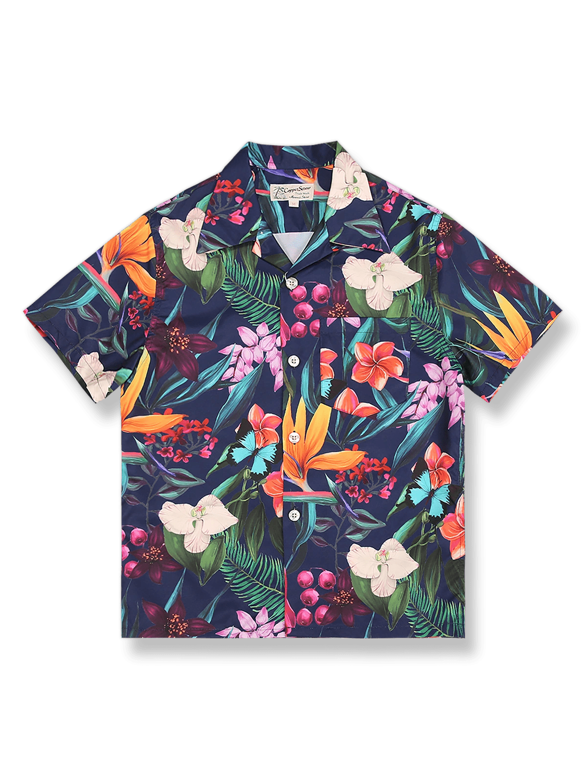 コチョウランとストレリチア柄のプリントが施された開襟ハワイアンシャツ