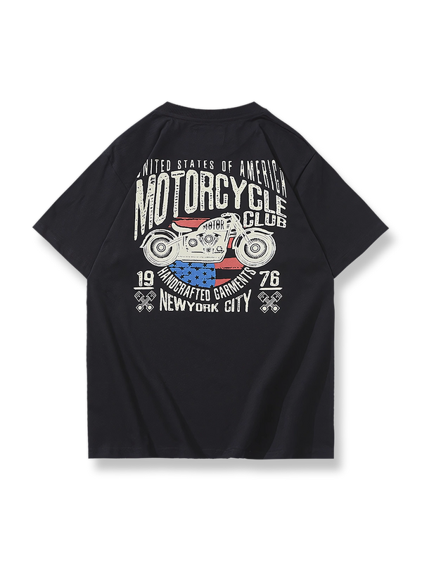 モーターサイクルロゴプリントのダブルヤーンコットンTシャツ。