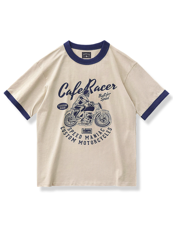 バイクプリントをあしらった丸襟のコントラストTシャツ。