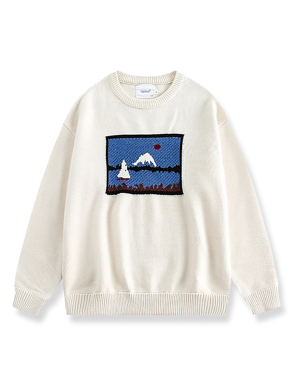 富士山柄ジャカードクルーネックセーター