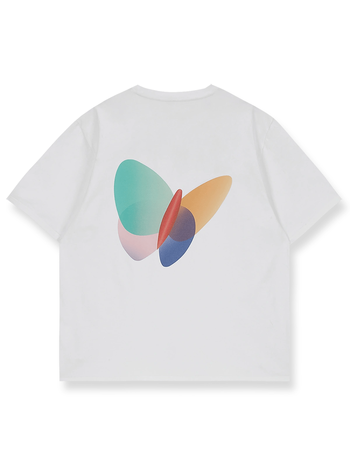 パロディ風カラー蝶プリントのオーガニックコットン混Tシャツ。