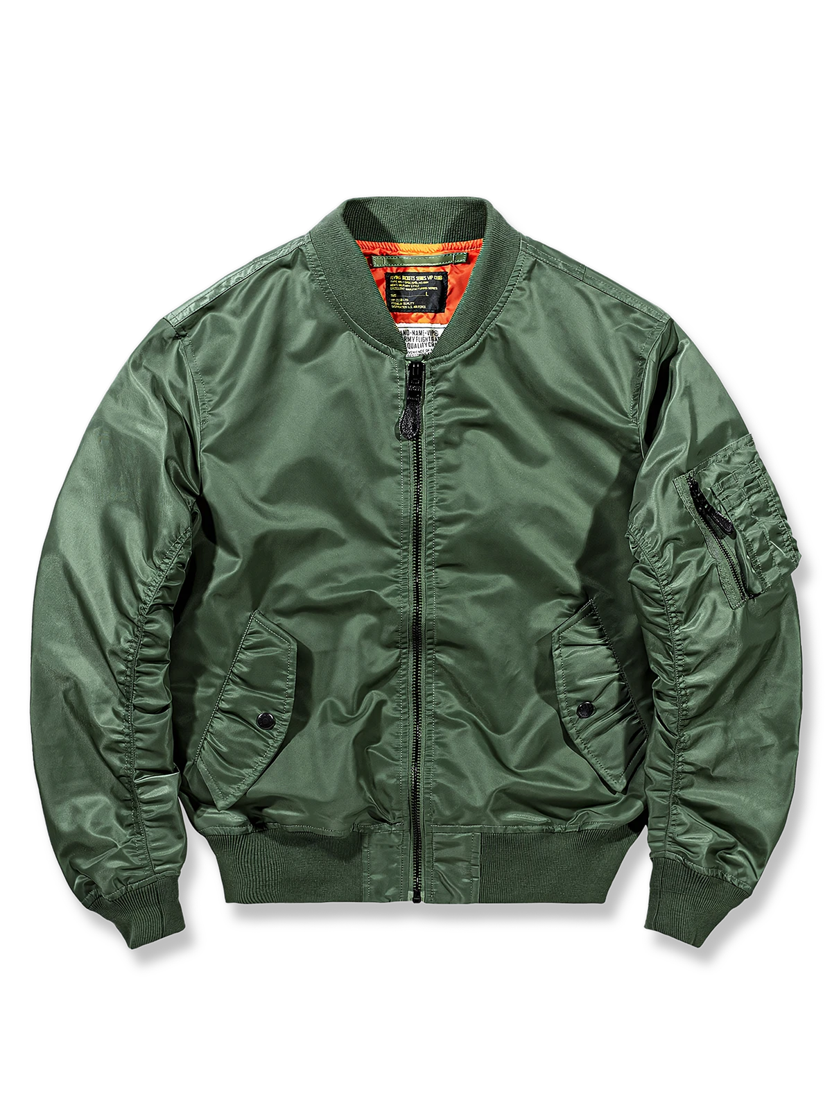 リブ襟と袖口、オレンジ裏地が際立つ多色MA-1フライトジャケット