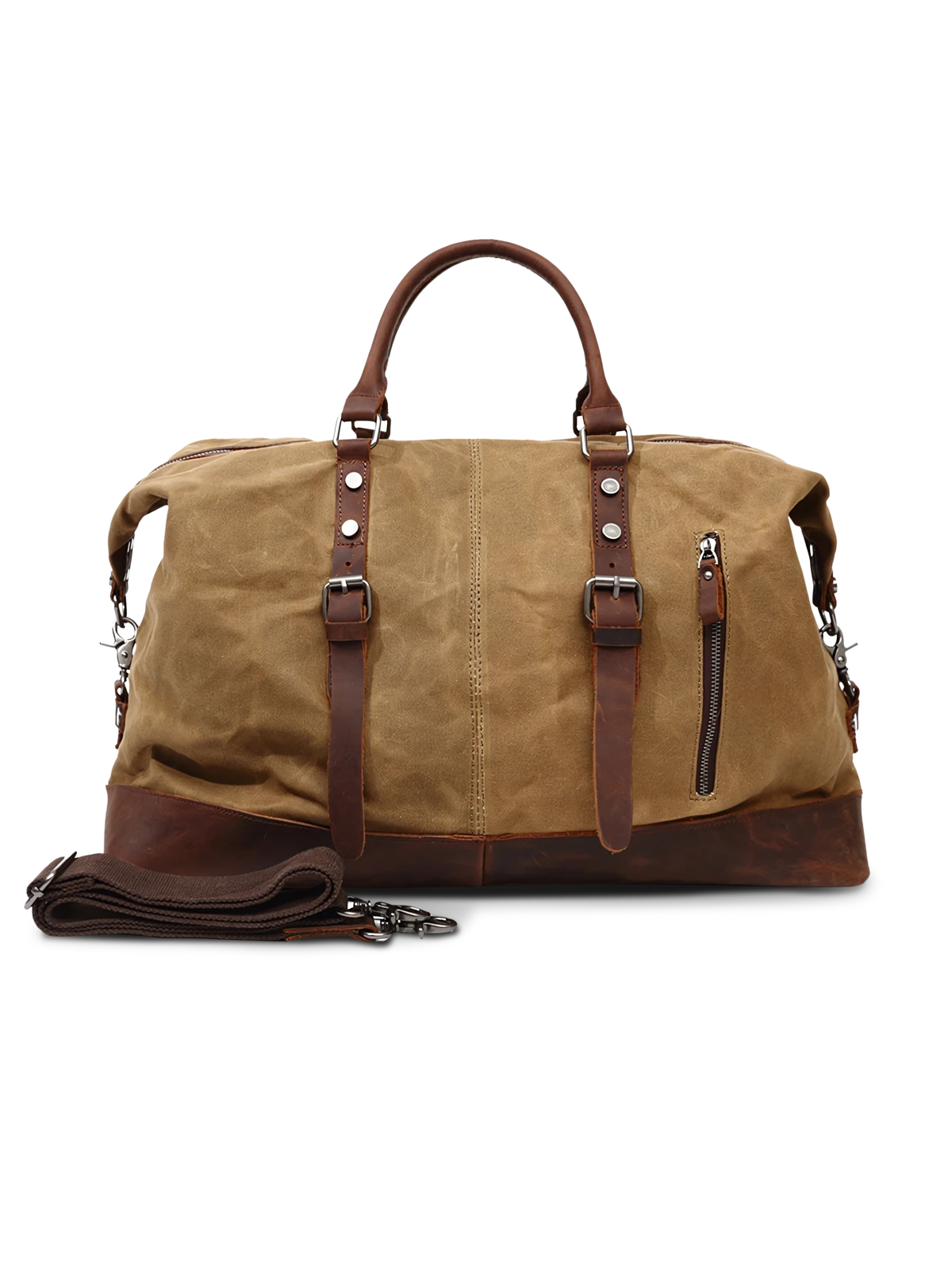 キャンバスと植物なめしレザーを組み合わせた多機能トラベルダッフルバッグ。