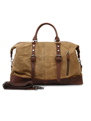 キャンバスと植物なめしレザーを組み合わせた多機能トラベルダッフルバッグ。