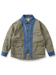 ミリタリーグリーンとデニムを組み合わせたパッチワークデニムジャケット。