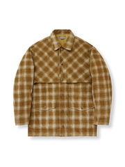 カーキとブラックグレーのチェック柄と複数のポケットが特徴のジャケット。