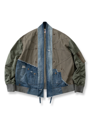 異素材パッチワークと多機能ポケットが特徴のデニムはんてんジャケット