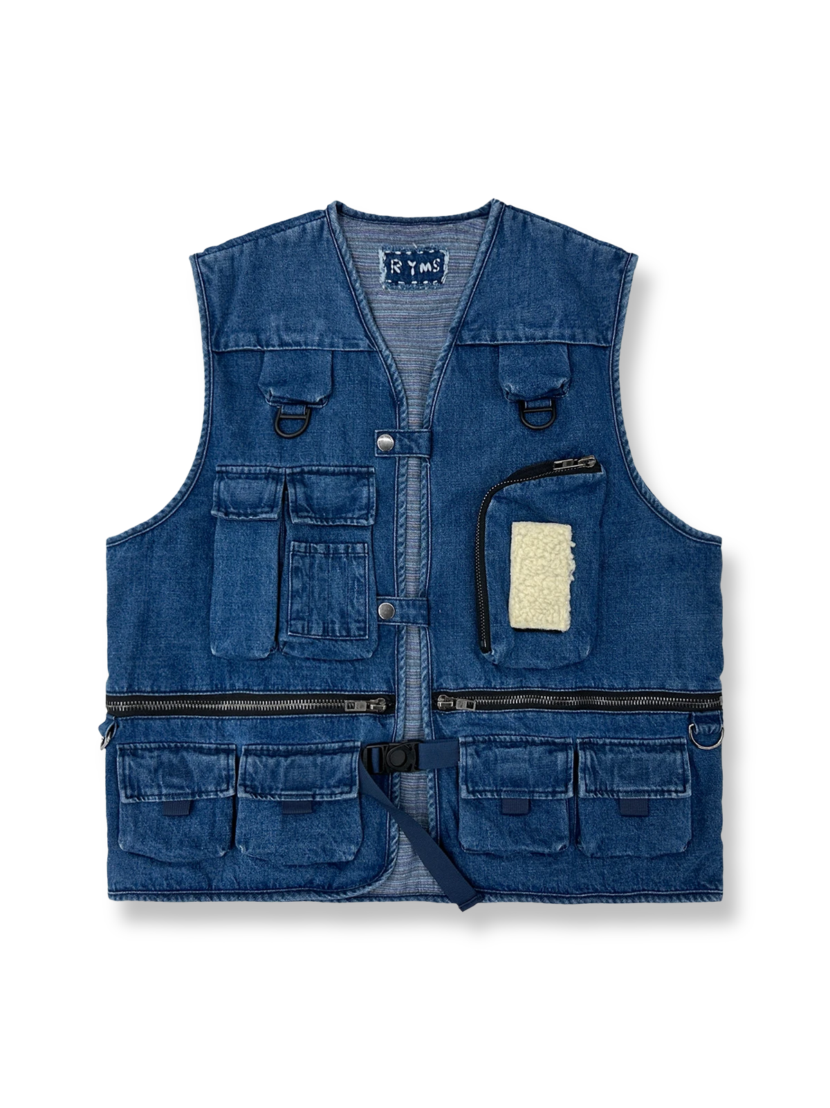 多機能ポケットと裏地ストライプが特徴のデニムベスト