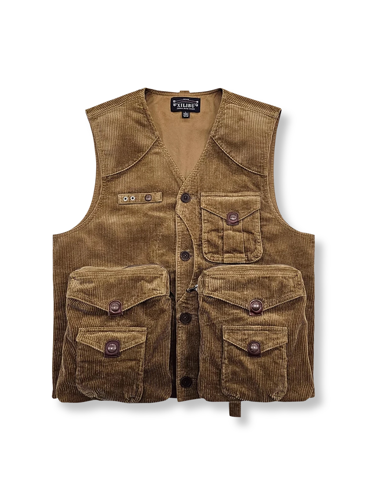 厚手コットンの多ポケットハンティングベスト。アンティーク調ボタンと機能的デザインが特徴。