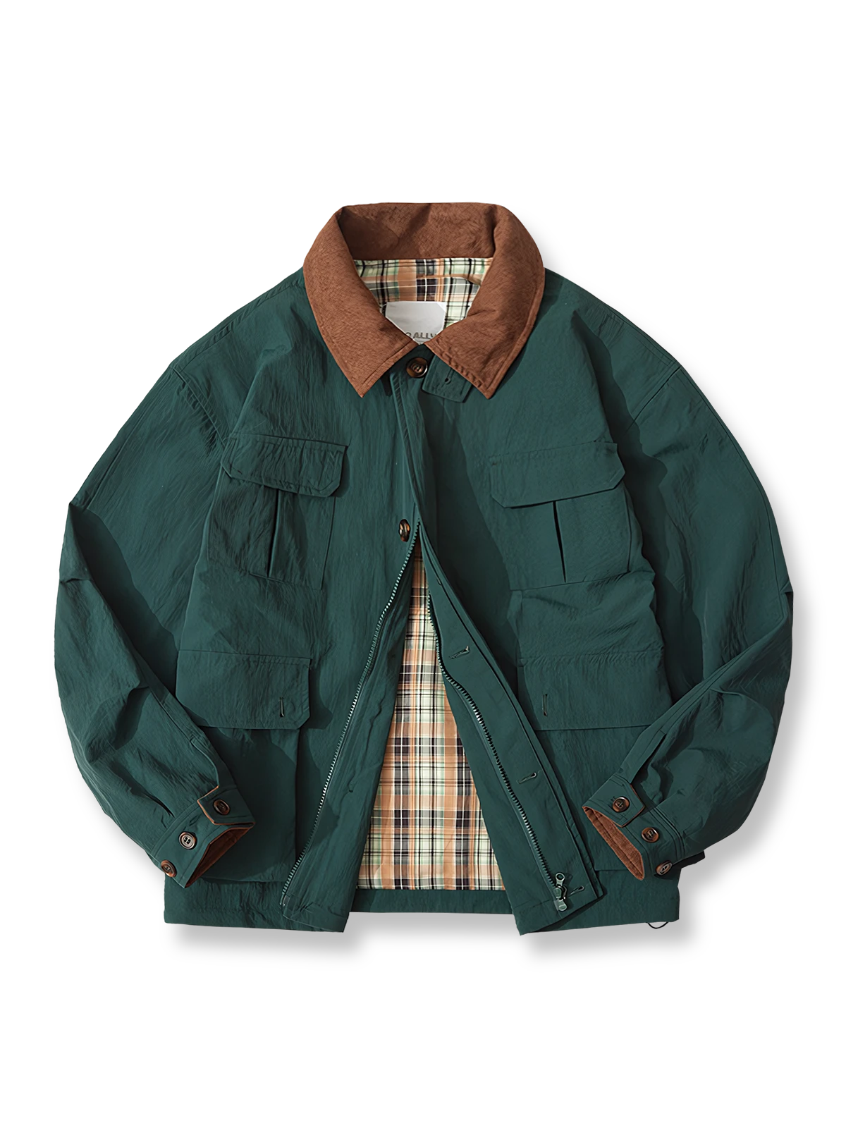 英国風チェック裏地と防水素材の多ポケットハンティングジャケット。実用性とスタイルを兼ね備えた冬のアウトドアウェア。