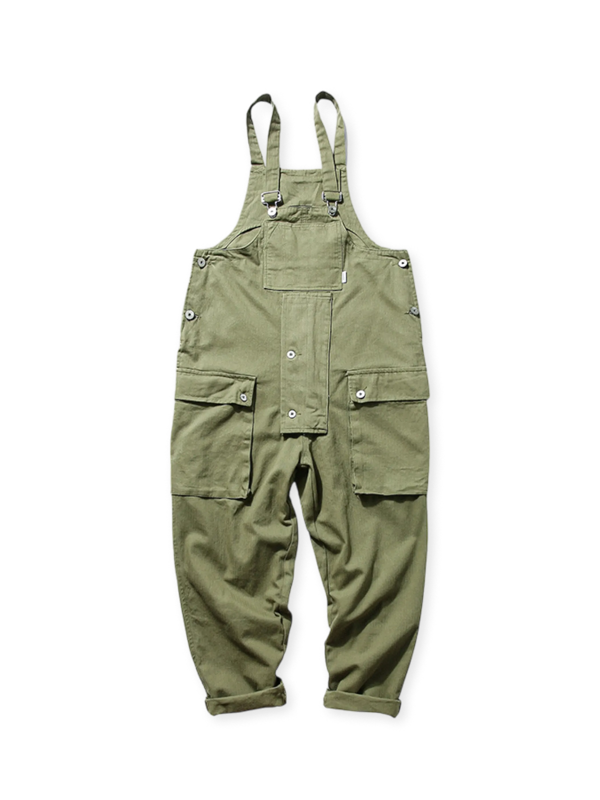 多機能ポケットと調節可能な肩ストラップを備えたワイドシルエットのサロペットワークパンツ。