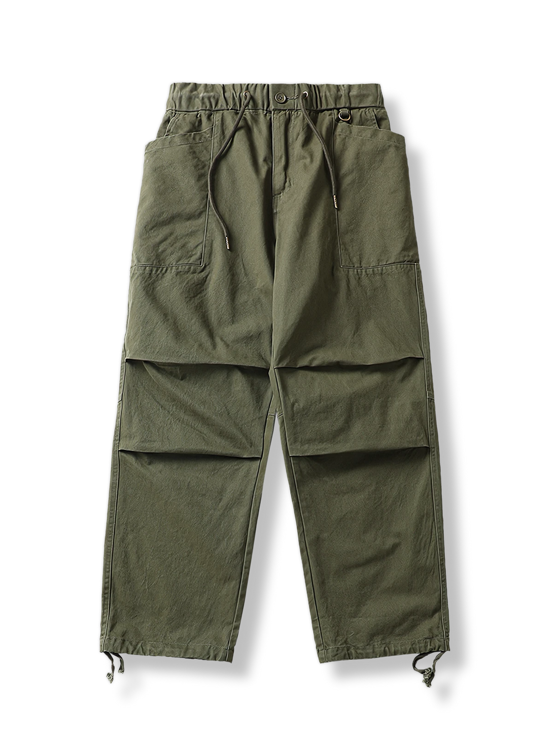 ミリタリーグリーンの伸縮ウエストとマルチポケット付きカーゴパンツ
