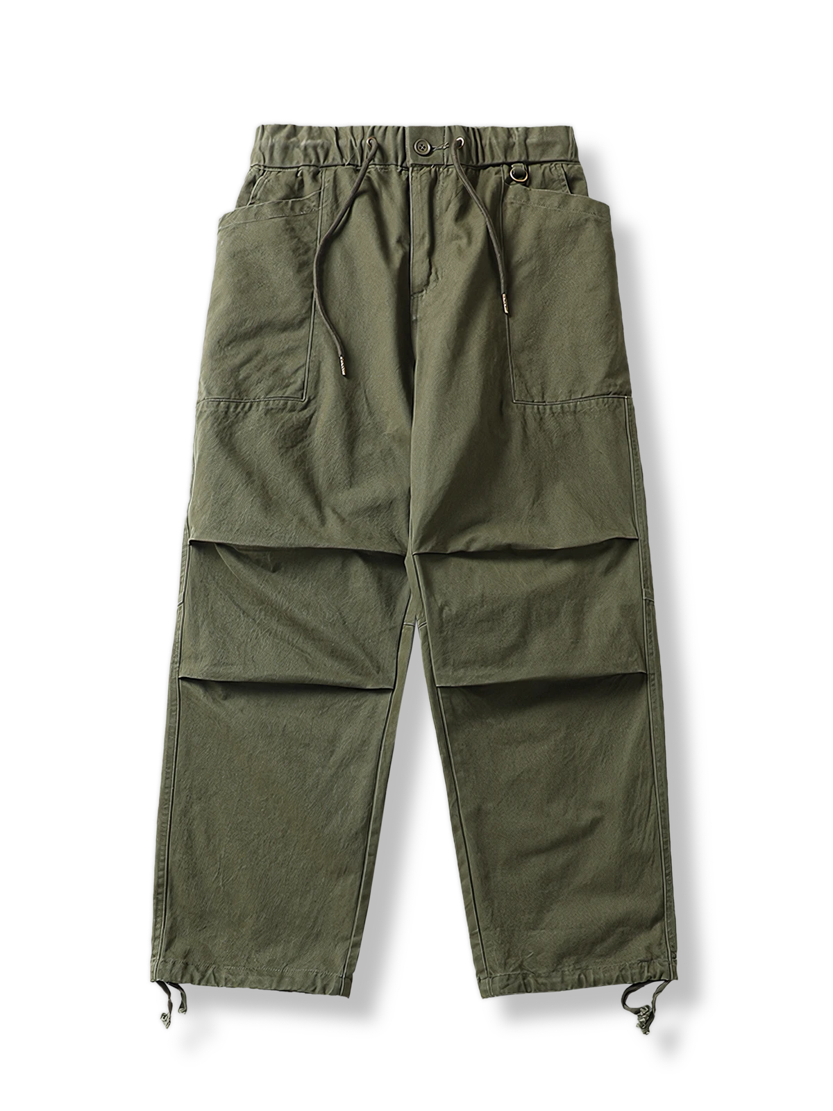 ミリタリーグリーンの伸縮ウエストとマルチポケット付きカーゴパンツ