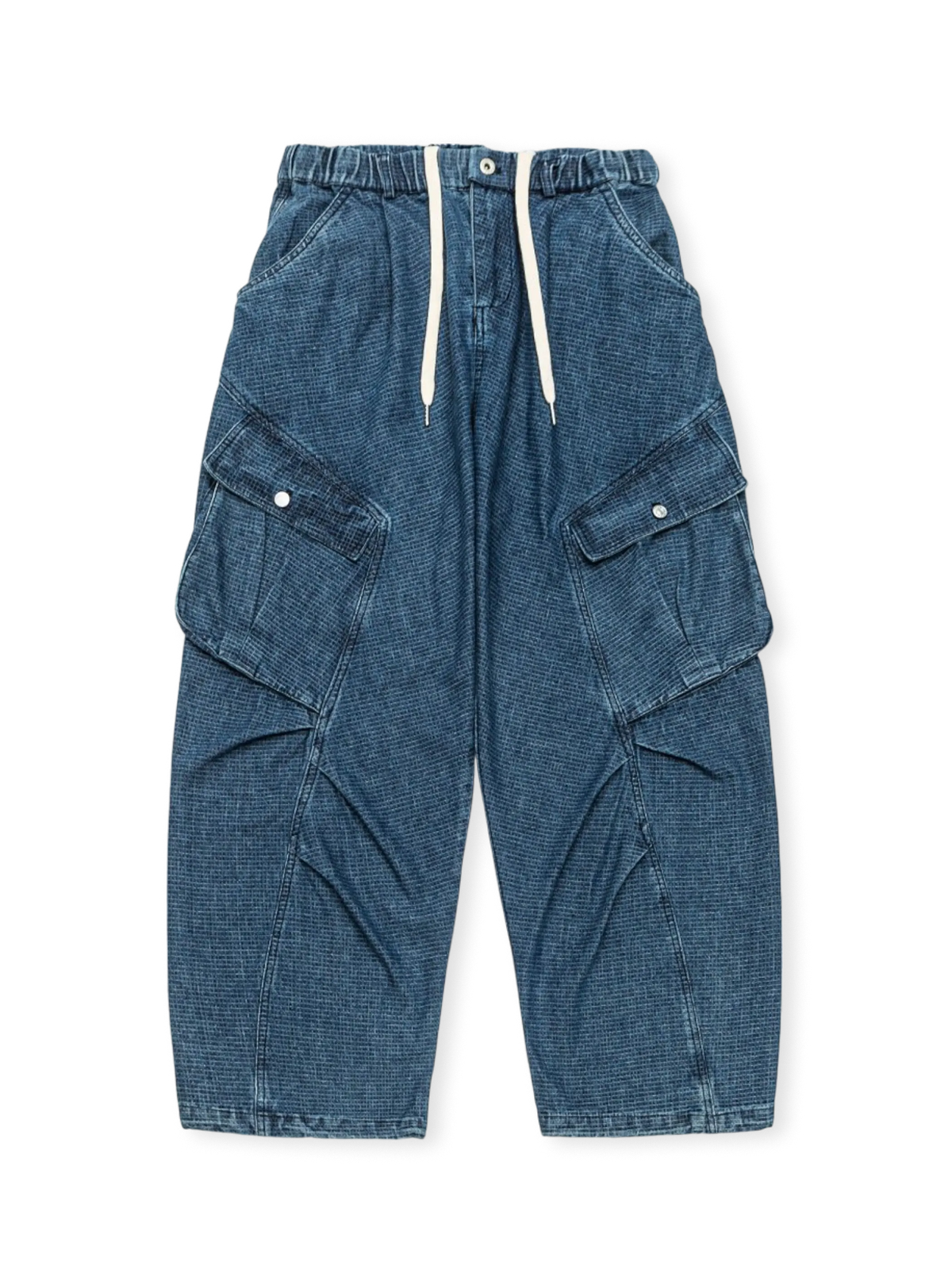 多機能ポケットと立体カッティングが特徴の耐摩耗性ワークデニムパンツ。ゴムとドローコードのウエストで快適なフィット感。