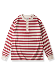 マルチボーダー柄とヘンリーネック、快適なコットン素材の長袖Tシャツ