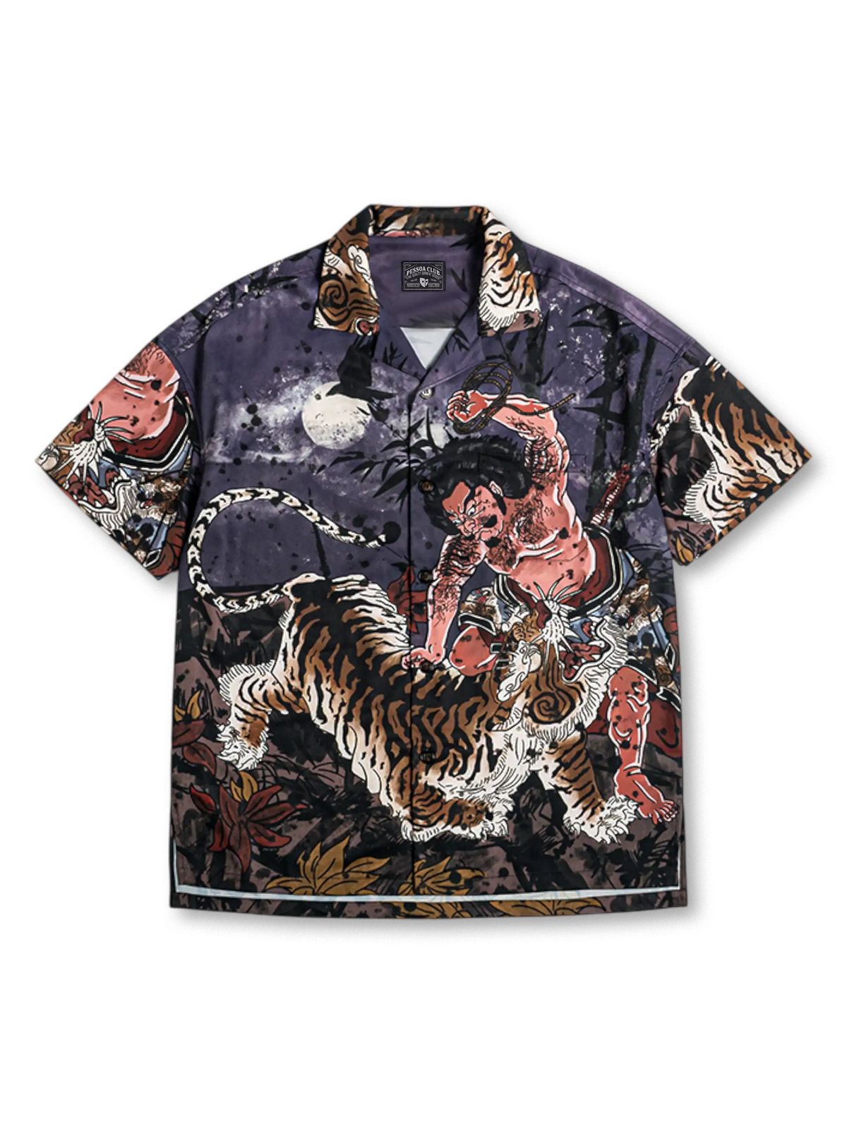 宋代の武松が虎を討つシーンを対花印刷で再現した、涼感ナイロン素材のキューバカラーシャツ