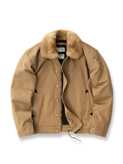 ラビットファー襟と裏起毛フリースが特徴のN1デッキジャケット。